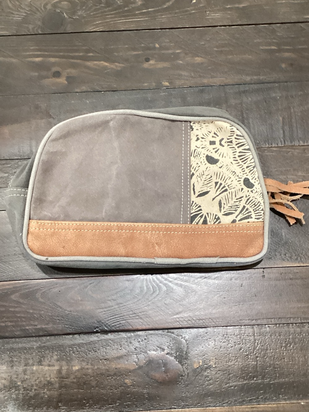 Myra Bag Gray and Brown‎ Toiletry Pouch with Patterned Panel